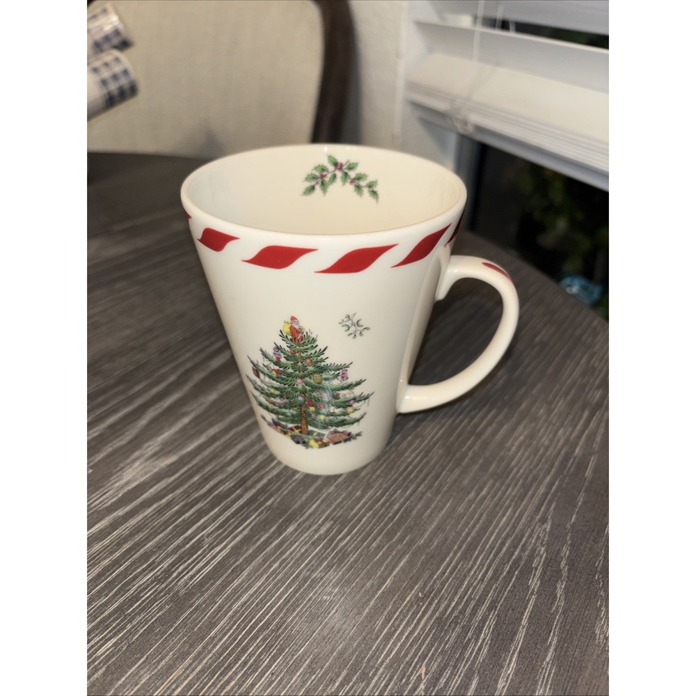 Spode CHRISTMAS TREE 14‎ Oz Mug Peppermint Rim Holly Berry Coffee Latte Cocoa